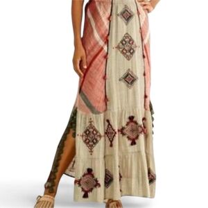 Soft Surroundings Boho Aztec Embroidered Maxi Skirt Gauze Tassels Sz L Large HTF